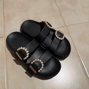 Stuart Weitzman Black Sandals with Pearl Accents